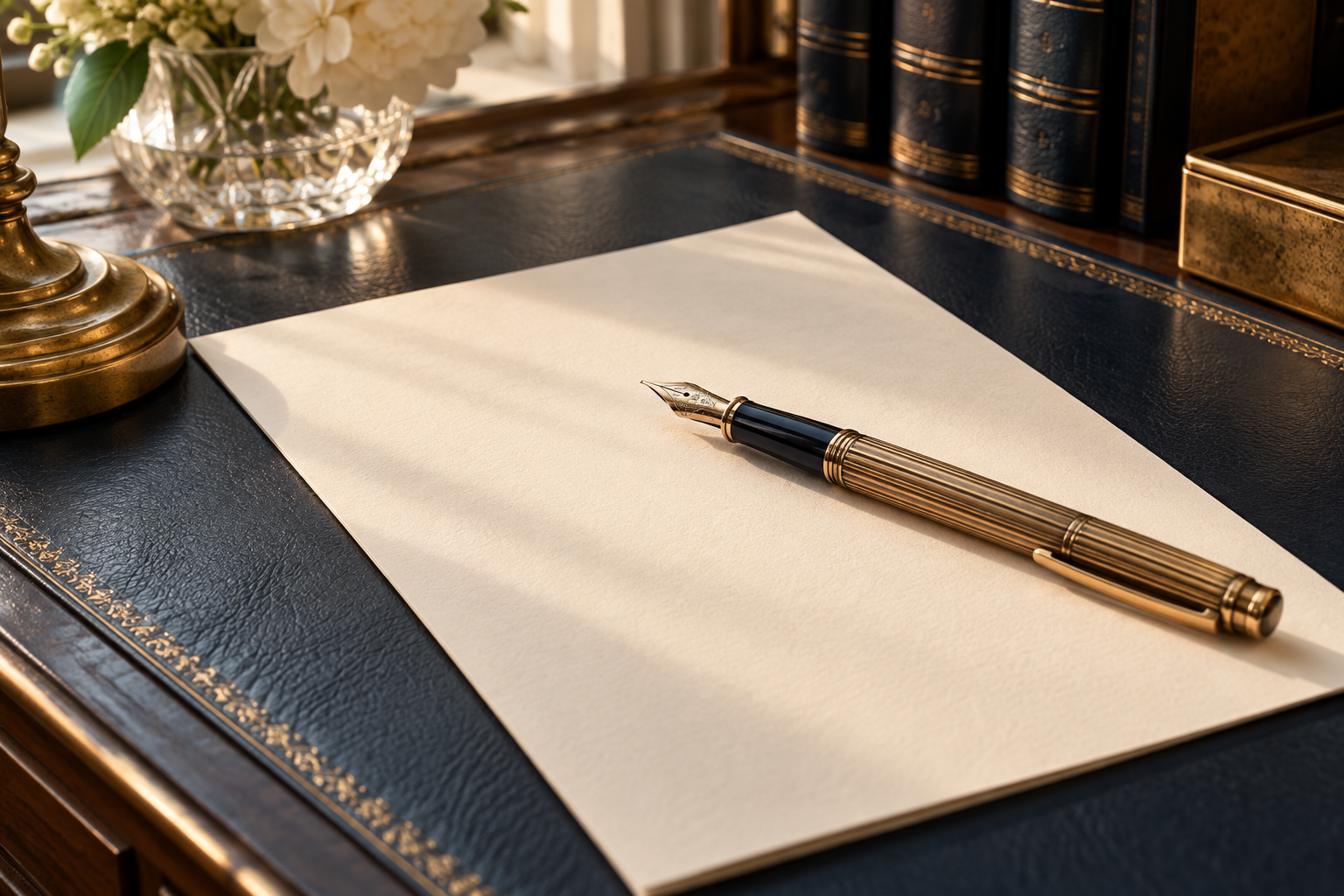 A brass fountain pen and blank paper on a navy leather desk in warm window light